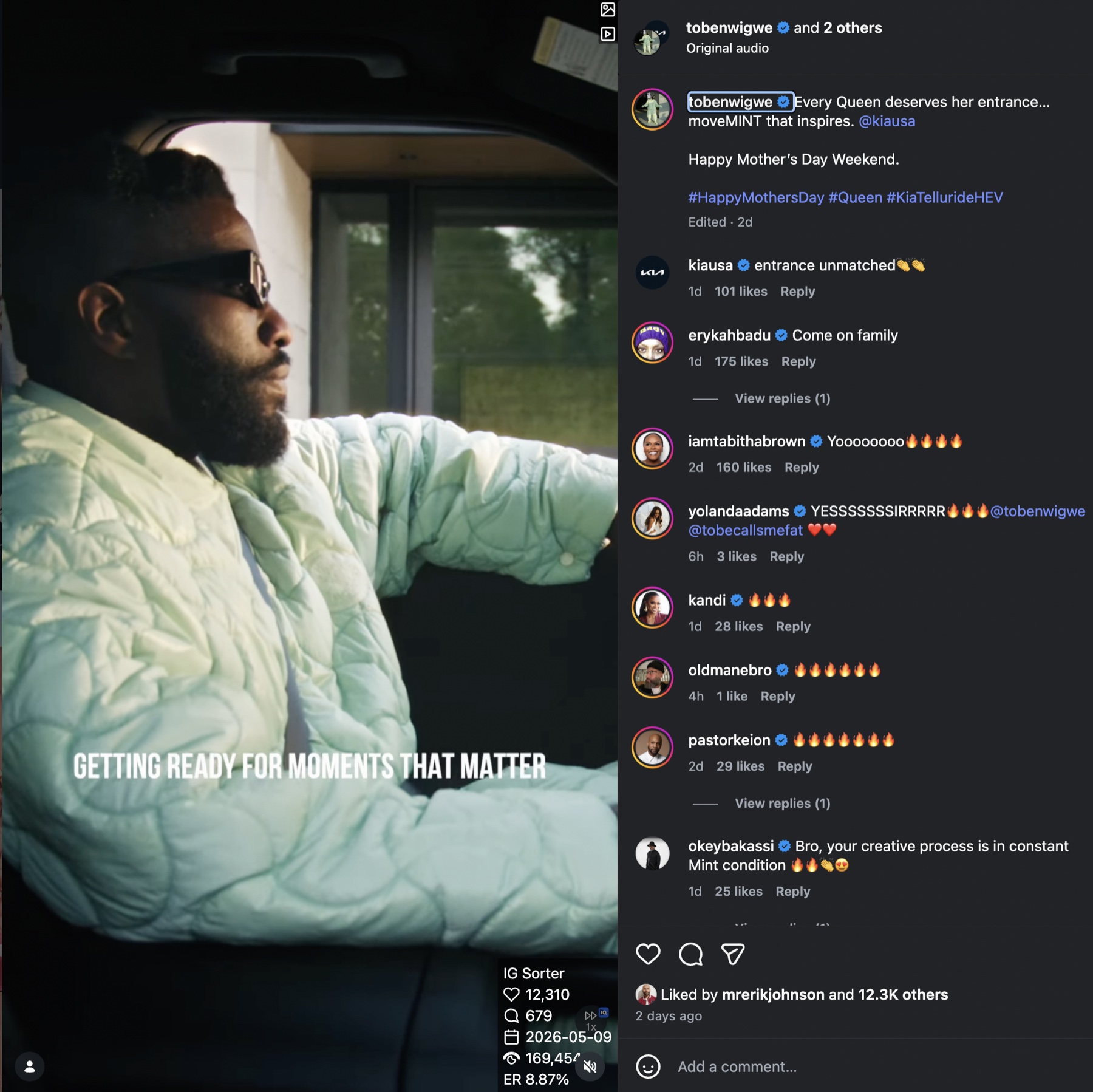 Instagram capture of Tobe Nwigwe's Kia Telluride HEV Reel with visible verified comments and public metrics